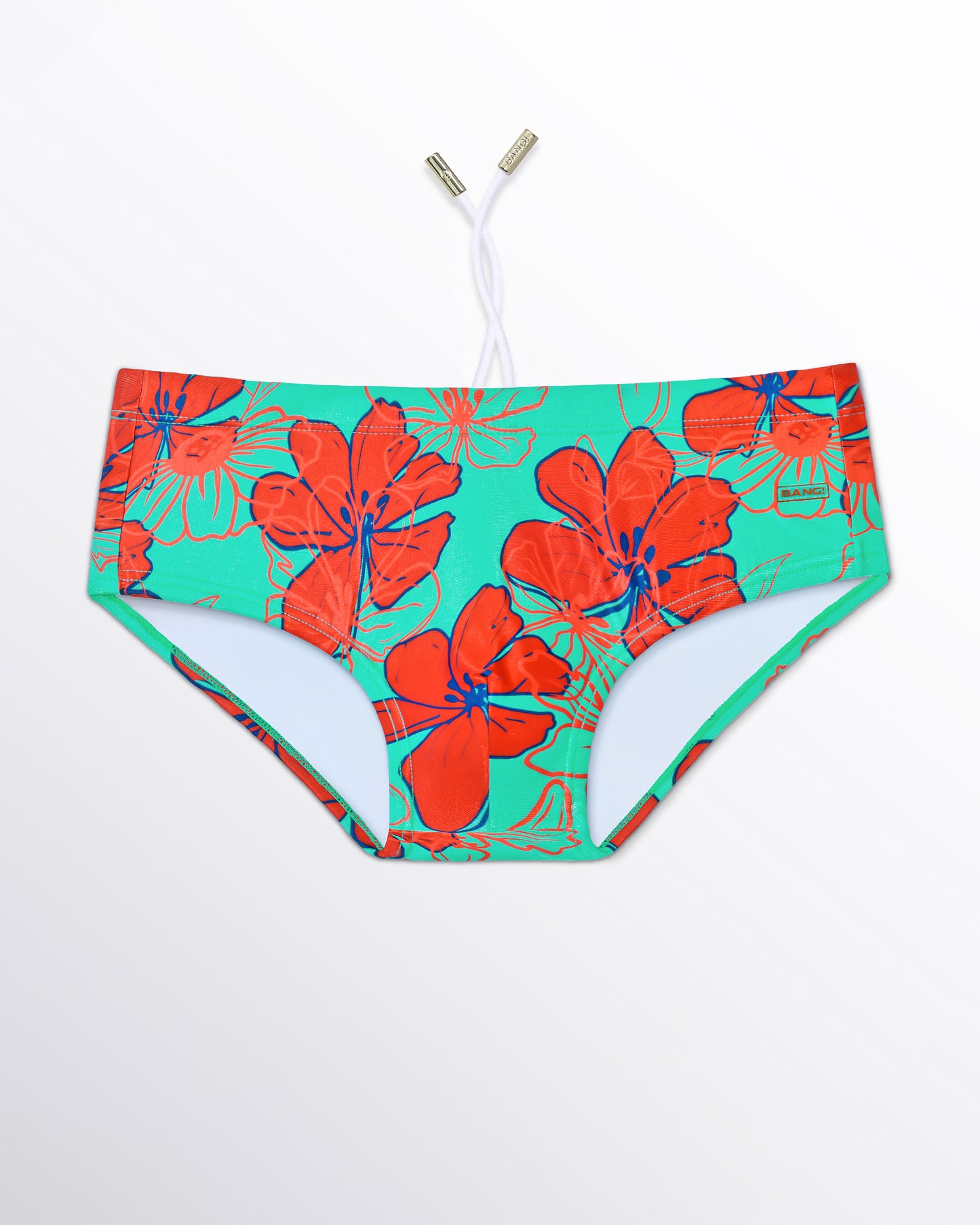 BANG! Miami Surf Flowers (Red/Aqua) Swim Sunga — flat lay of aqua green swim sunga with oversized red tropical floral print and blue outline detailing.