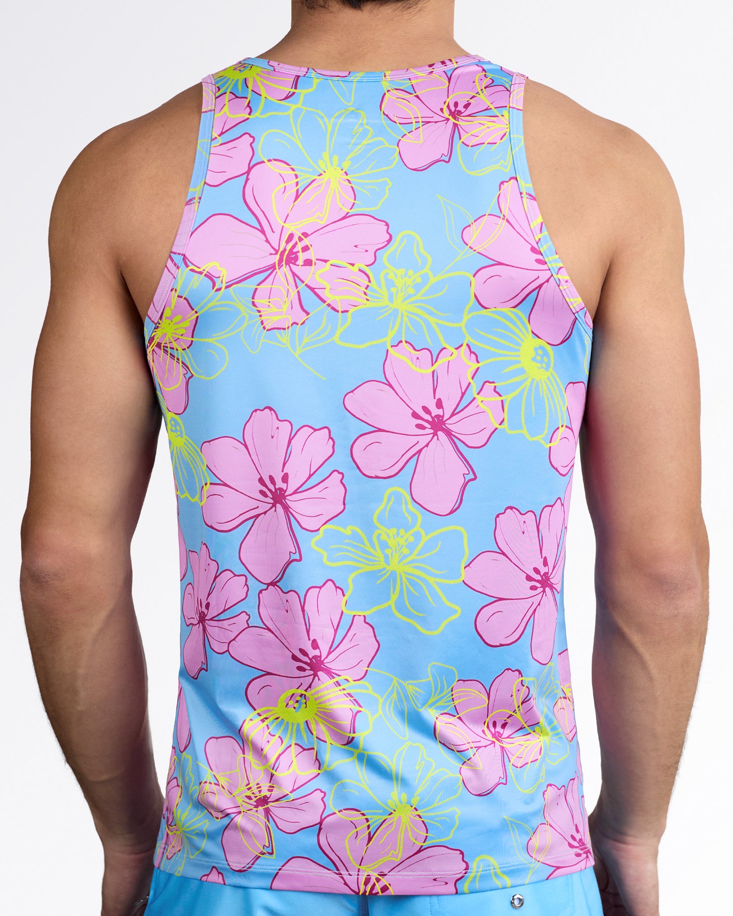BANG Surf Flowers (Pink/Blue) Gym Tank Top — back view showcasing full floral print, racerback cut, and lightweight stretch performance fabric.