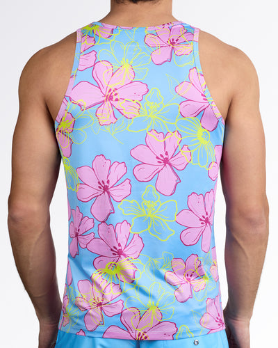 BANG Surf Flowers (Pink/Blue) Gym Tank Top — back view showcasing full floral print, racerback cut, and lightweight stretch performance fabric.
