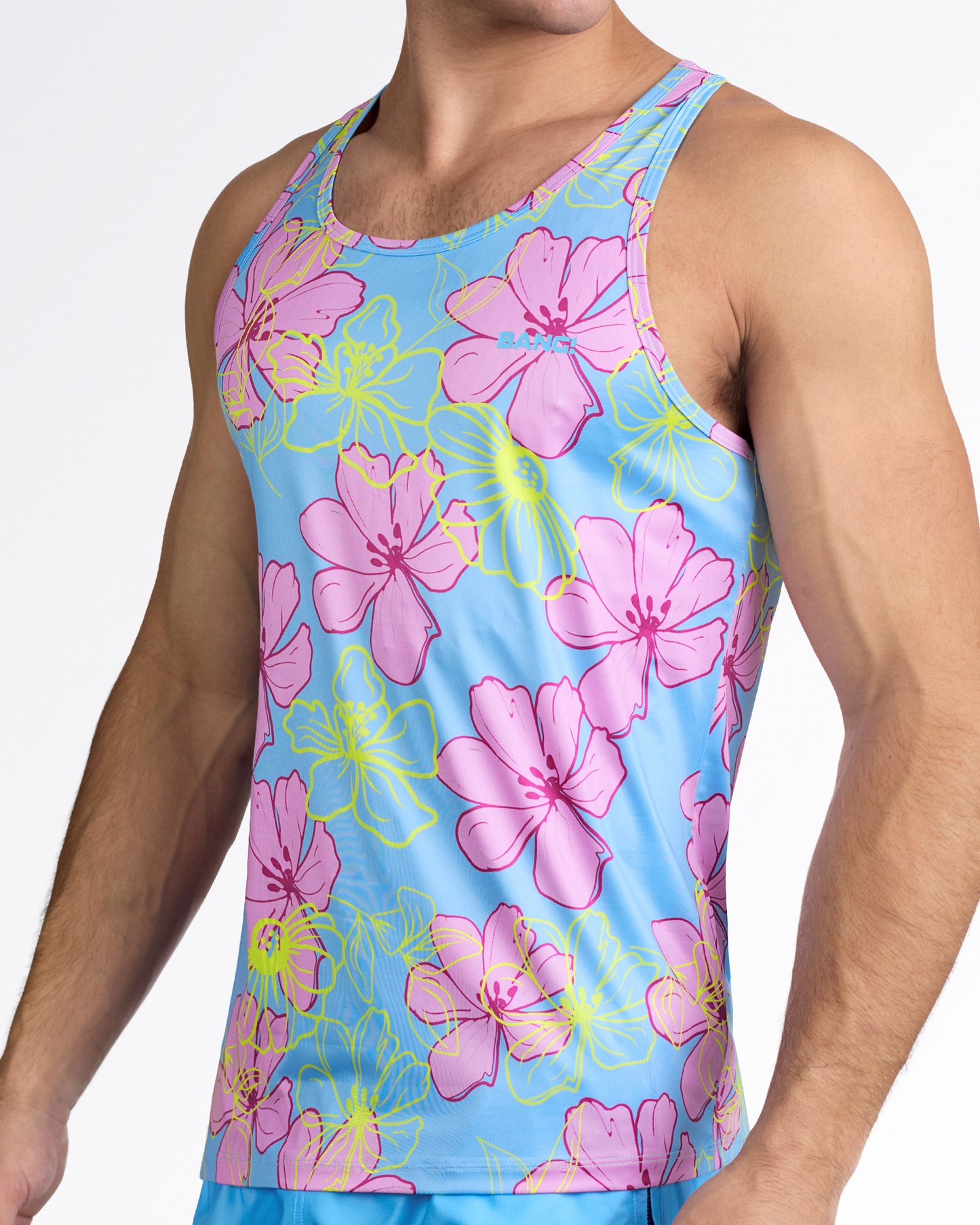BANG Surf Flowers (Pink/Blue) Gym Tank Top — side view highlighting tailored athletic fit, contrast trim, and vibrant tropical flower design.