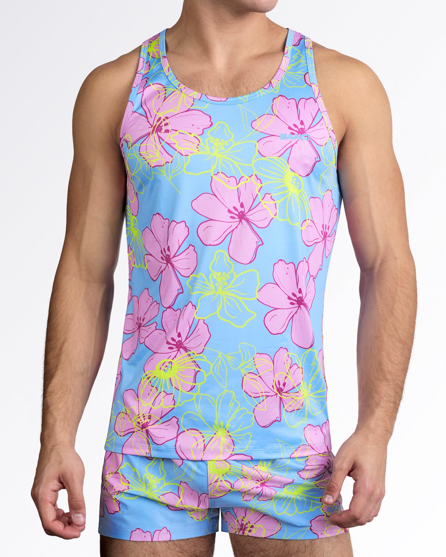 BANG Surf Flowers (Pink/Blue) Gym Tank Top — full body front view styled with matching blue floral shorts for a coordinated summer set.