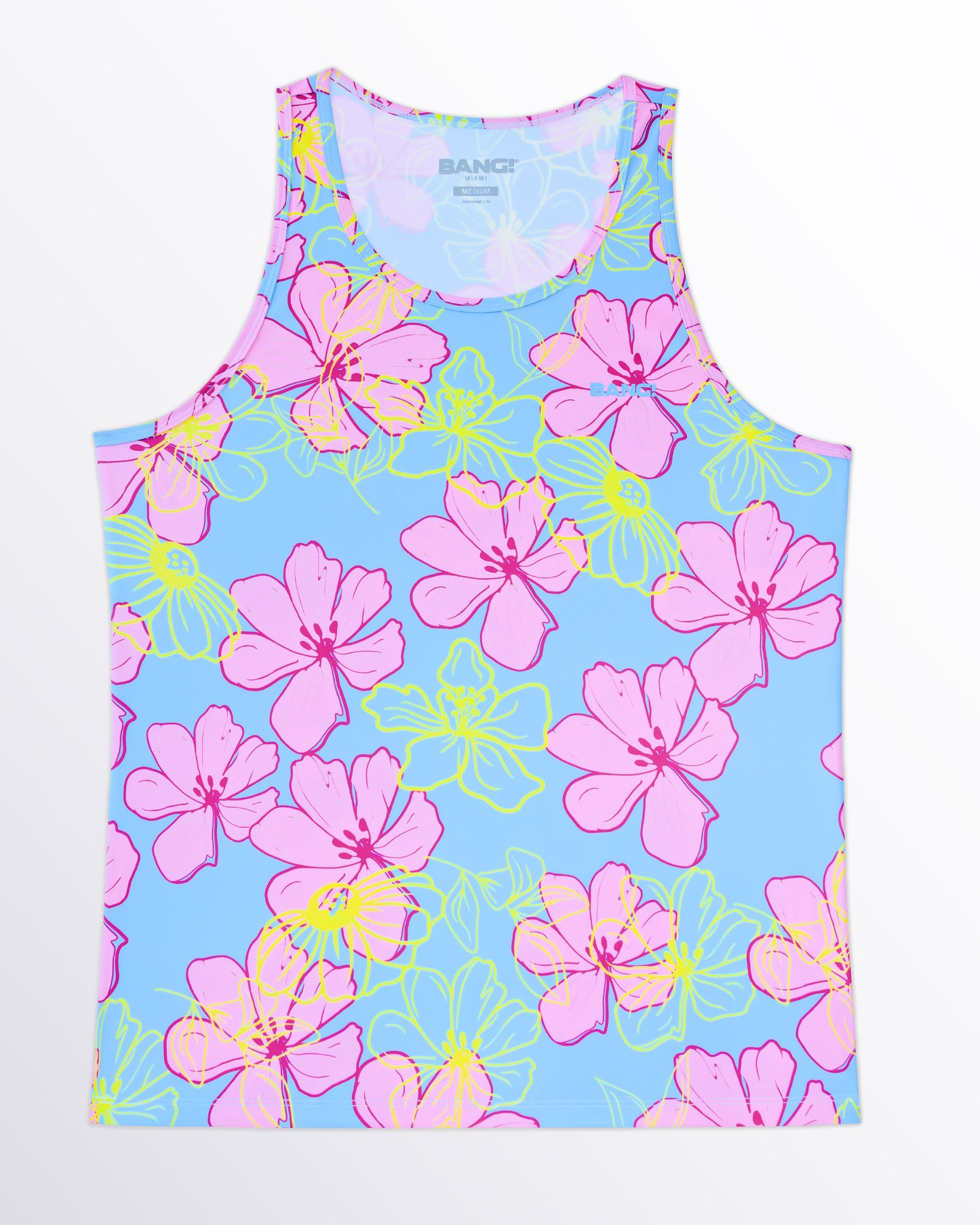 Product detail of BANG Surf Flowers (Pink/Blue) Gym Tank Top — flat lay view displaying allover hibiscus print, smooth quick-dry material, and breathable workout construction.
