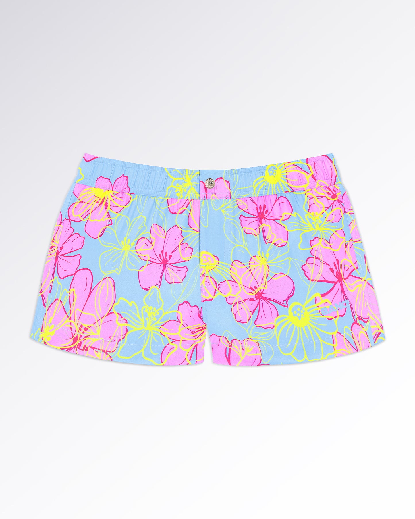 BANG! Miami Surf Flowers (Pink/Blue) Mini Shorts — flat lay of pastel blue mini shorts with oversized pink floral graphics and neon yellow outline details in a tropical-inspired print.