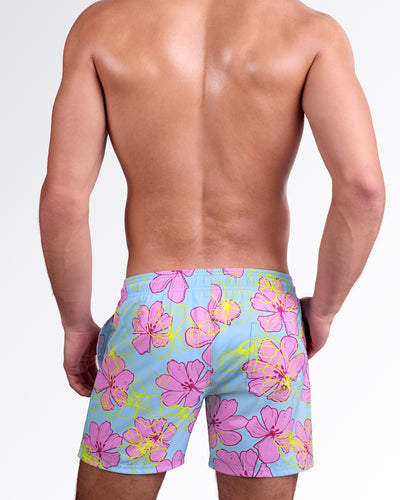 BANG! Miami Surf Flowers (Pink/Blue) Resort Shorts — back view highlighting elastic waistband, rear pocket detail, and vibrant floral pattern on lightweight quick-dry fabric.