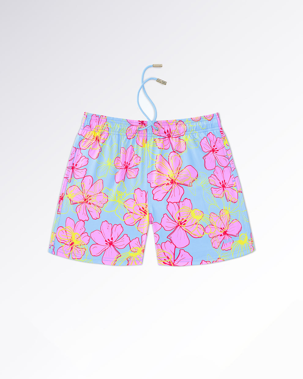 BANG! Miami Surf Flowers (Pink/Blue) Resort Shorts — flat lay of pastel blue resort shorts featuring oversized pink floral artwork with neon yellow sketch detailing and relaxed drawstring waistband.