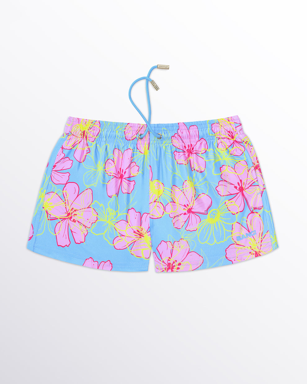 BANG! Miami Surf Flowers (Pink/Blue) Show Shorts — flat lay of light blue show shorts with oversized pink floral print and neon yellow outline detailing.