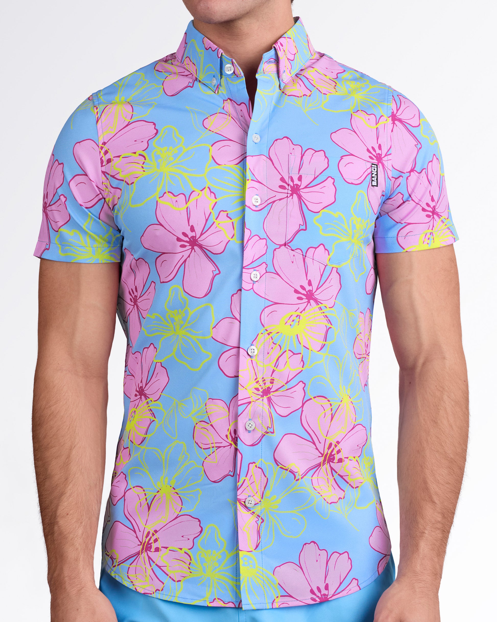 BANG! Surf Flowers (Pink/Blue) — model wearing blue Stretch Shirt with pink floral print, front view highlighting button-down design and tailored fit.