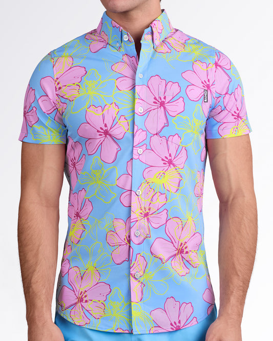 BANG! Surf Flowers (Pink/Blue) — model wearing blue Stretch Shirt with pink floral print, front view highlighting button-down design and tailored fit.
