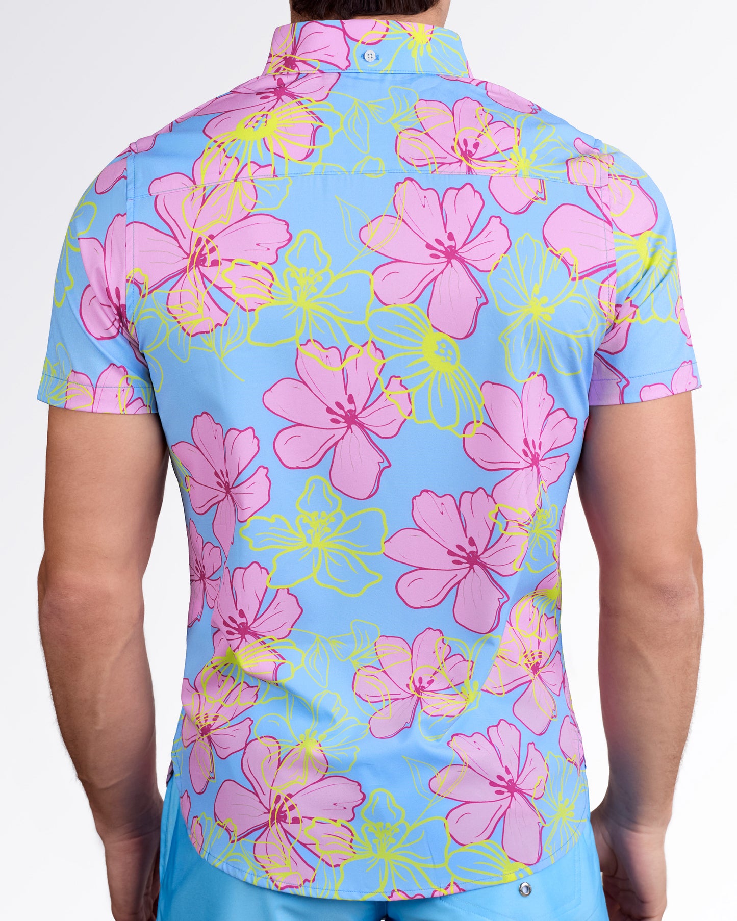 BANG! Surf Flowers (Pink/Blue) Stretch Shirt — back view showcasing all-over pink floral pattern on blue fabric with short sleeve structure.