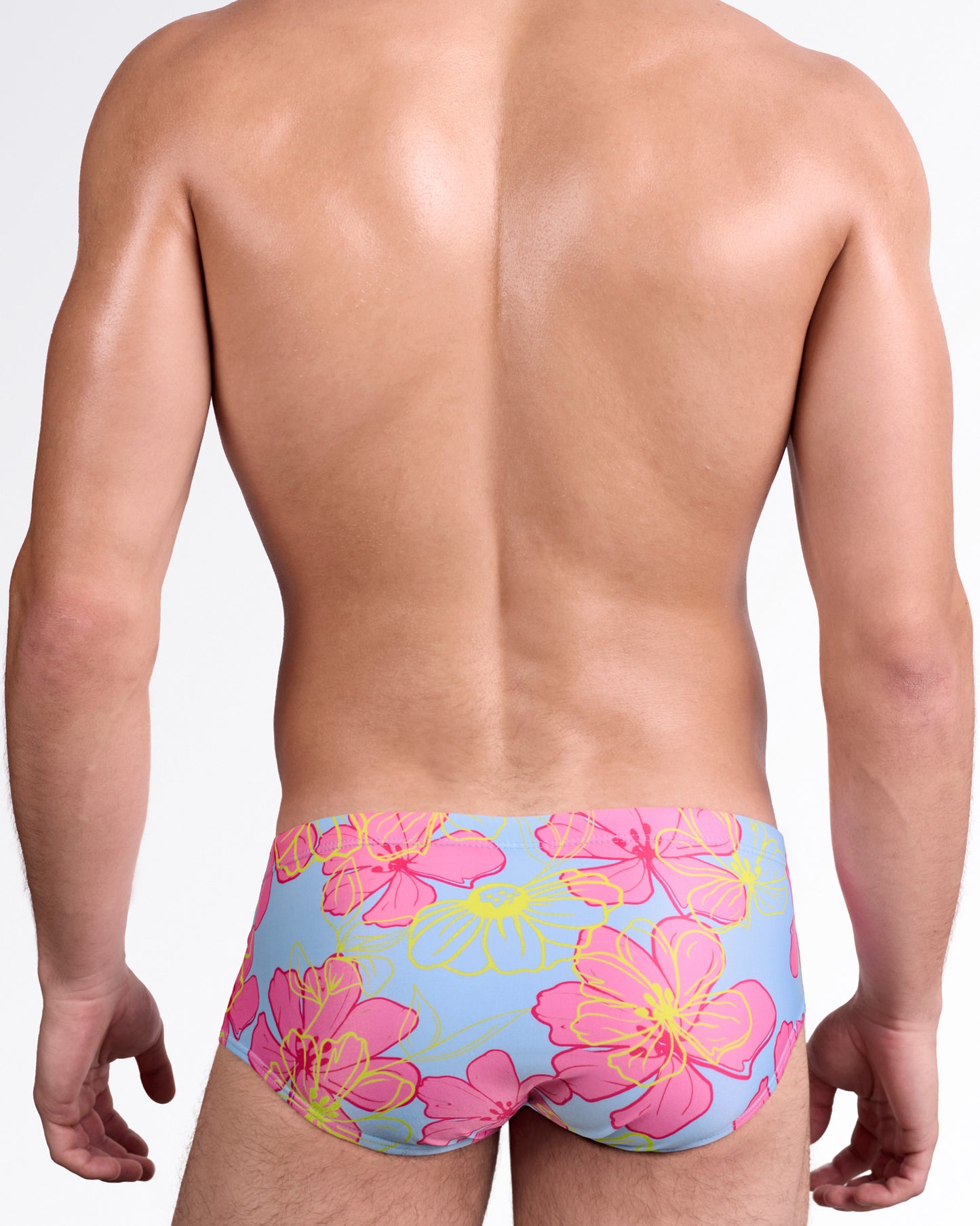 BANG Surf Flowers (Pink/Blue) Swim Sunga — back view showcasing full floral coverage print, smooth tailored rear fit, and mid-rise waistband design.
