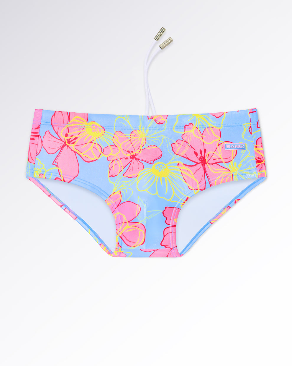 BANG! Miami Surf Flowers (Pink/Blue) Swim Sunga — flat lay of light blue swim sunga with oversized pink floral print and neon yellow outline detailing.