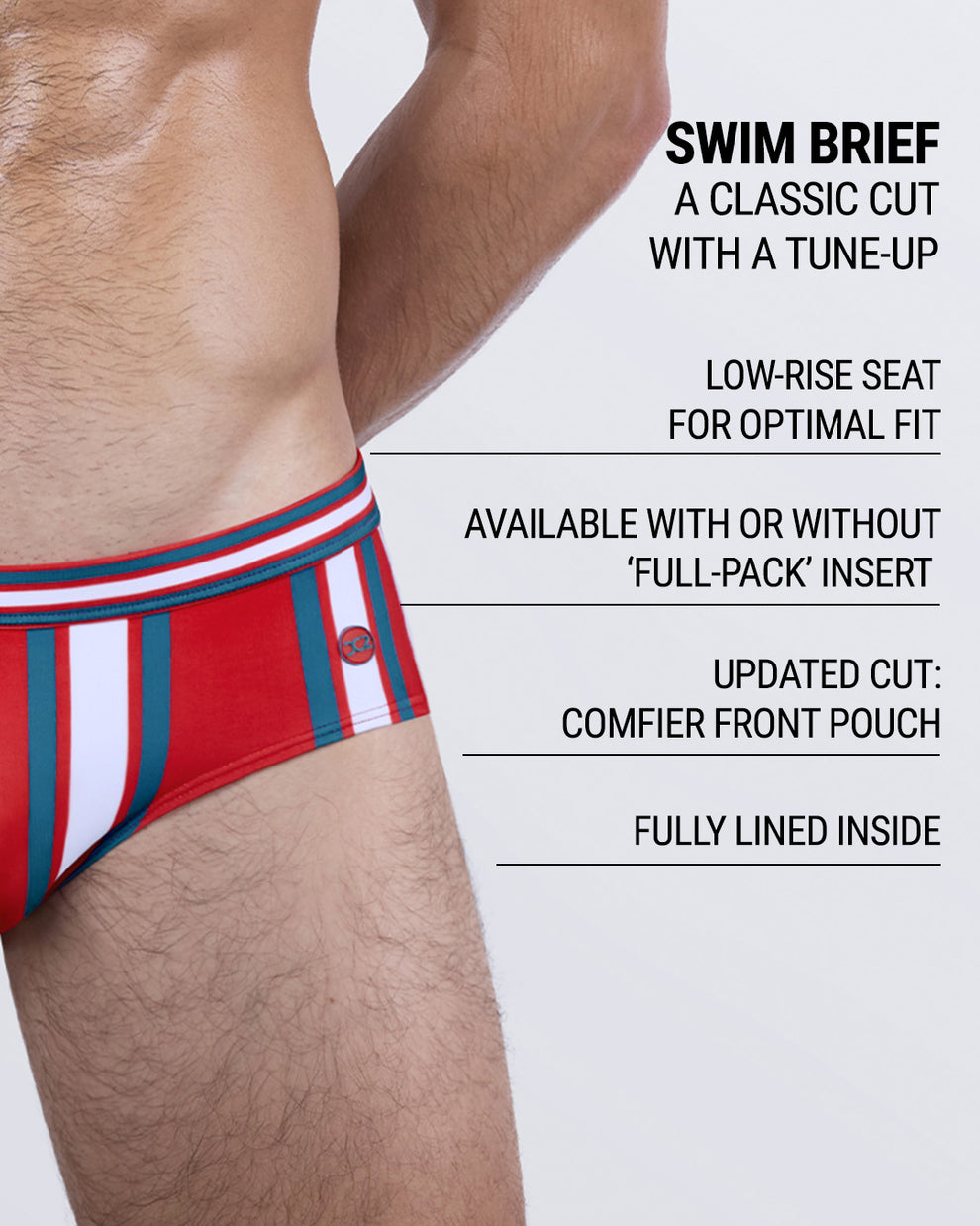 Men’s striped swimsuit designed with a low-rise seat for a tailored fit, available with or without the signature ‘Full-Pack’ insert, featuring a supportive front pouch and fully lined interior for superior comfort.