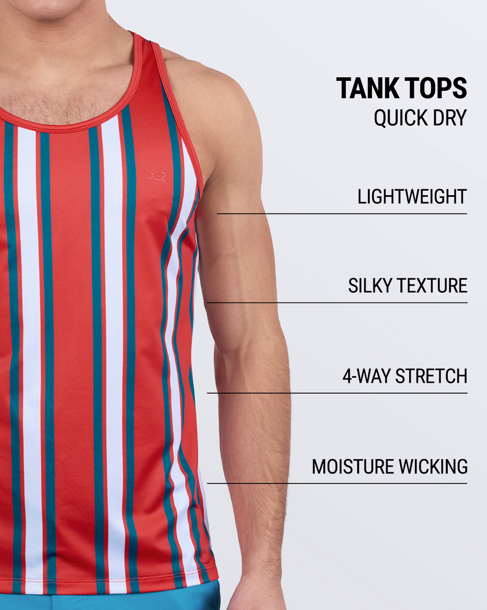 SWIFT STRIPES men’s tank top by DC2 – quick-dry, silky feel, moisture-wicking, 4-way stretch, and ultra-lightweight – perfect for gym or travel