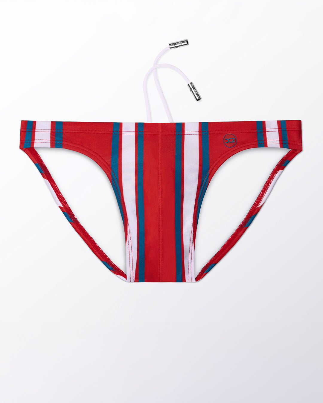 Ghost flat lay of the Swift Stripes Swim Mini Brief, highlighting the sharp stripe pattern, contoured front, and minimal coverage fit.