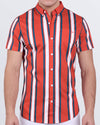 Men’s Swift Stripes short sleeve cotton shirt with red, teal, and white vertical stripes by DC2 Miami.