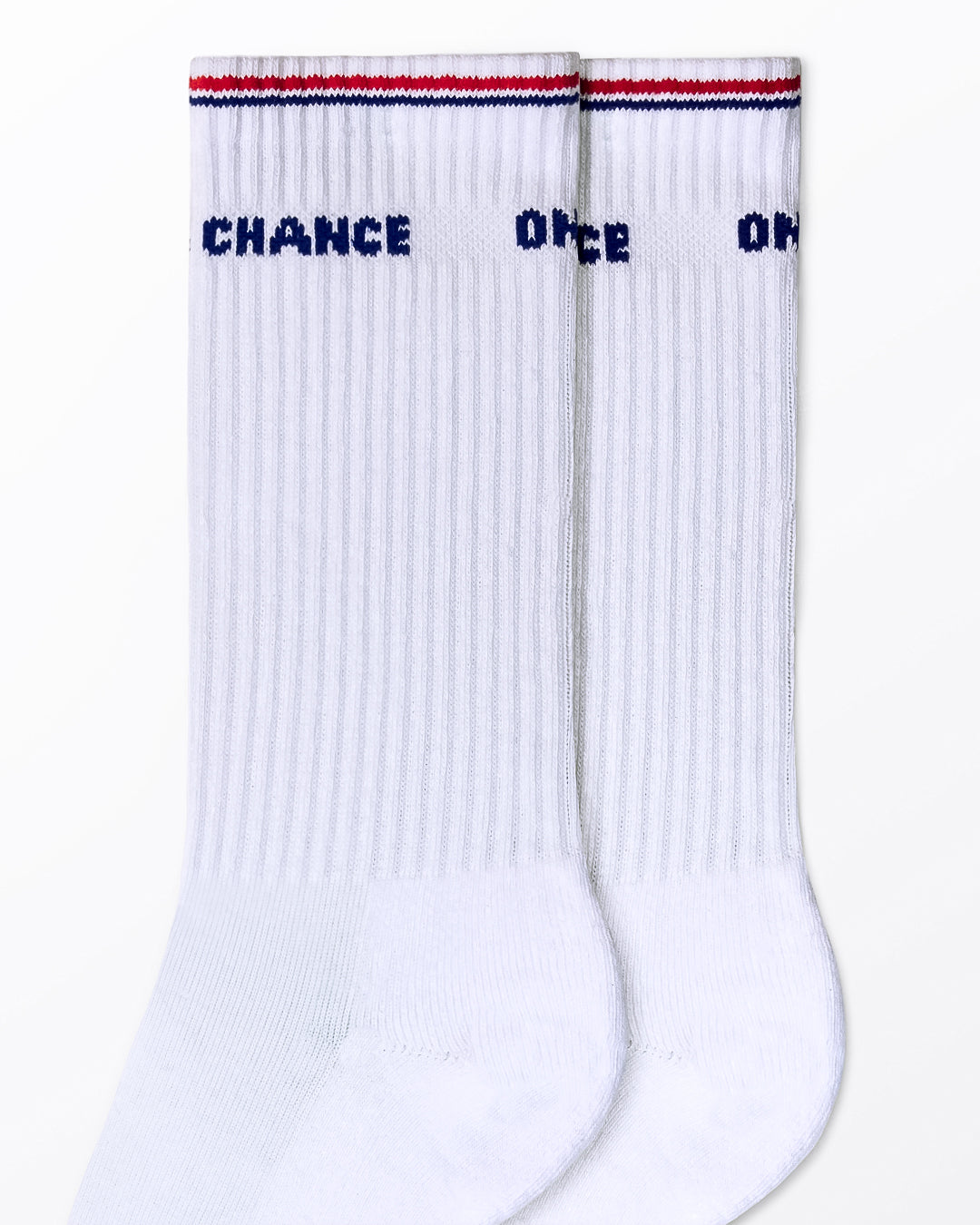DC2 Take a Chance on Me Ribbed Crew Socks (White) — close-up of ribbed knit, red/navy cuff stripe, and bold text detail.