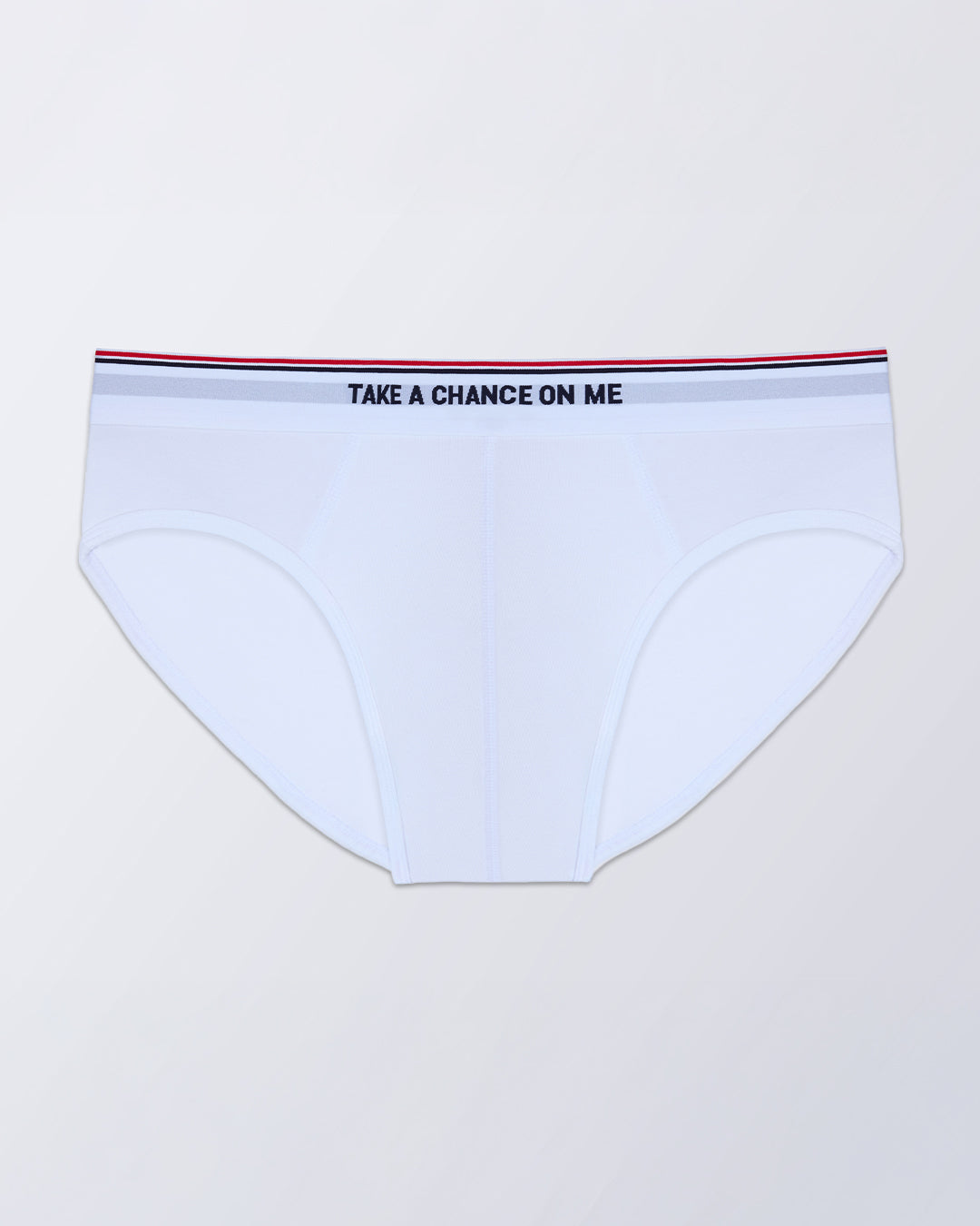 DC2 TAKE A CHANCE ON ME Modal Brief — flat lay of men’s white underwear with logo waistband.
