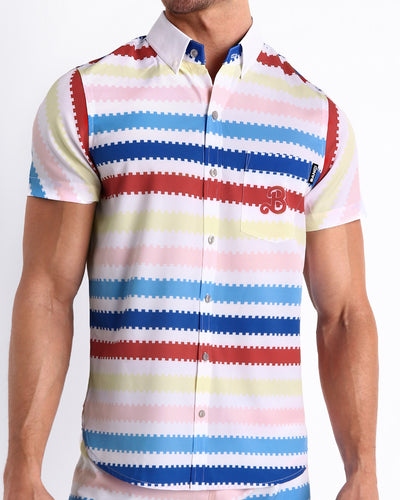 The ALLAN Beach short-sleeve Shirt with yellow, pink, blue, red stripes by Bang Clothing, insipred on the style as seen worn by Michael Cera as Allan, in the Barbie movie.