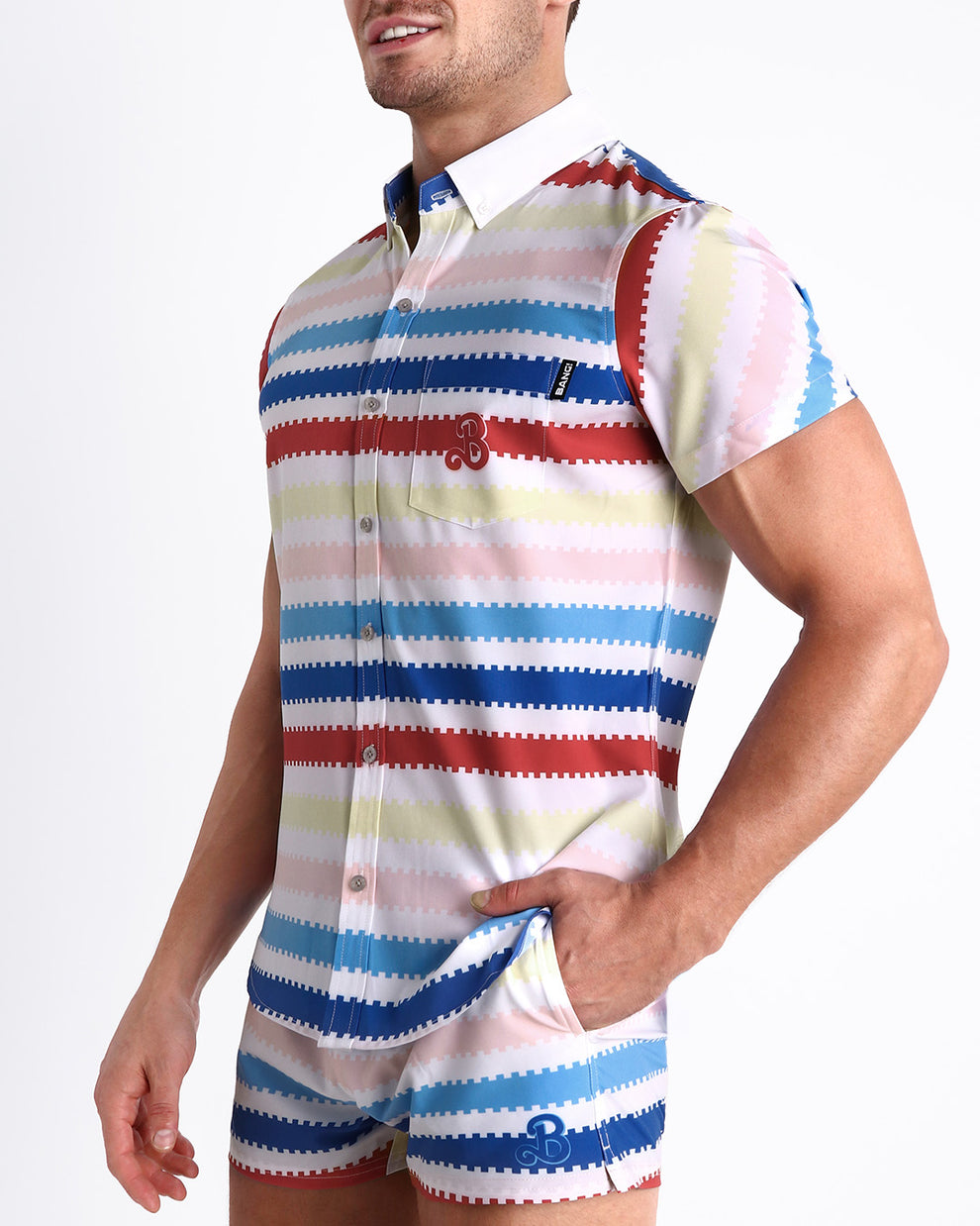 The ALLAN Beach short-sleeve Shirt with yellow, pink, blue, red stripes by Bang Clothing, insipred on the style as seen worn by Michael Cera as Allan, in the Barbie movie.