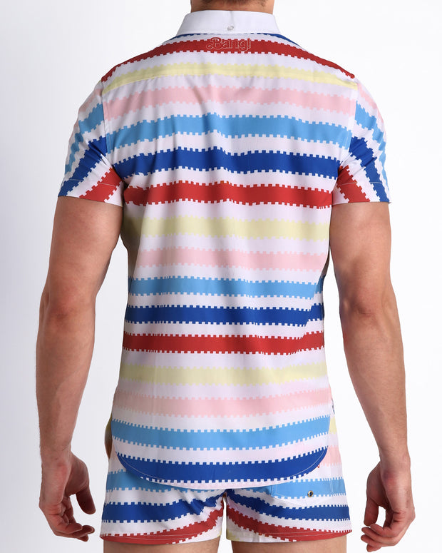 The ALLAN Beach short-sleeve Shirt with yellow, pink, blue, red stripes by Bang Clothing, insipred on the style as seen worn by Michael Cera as Allan, in the Barbie movie.