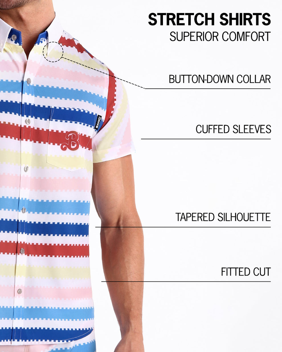 An infographic explaining the features of the men’s sleeveless Hawaiian Stretch Shirt. The shirt offers superior comfort, a fitted cut, tapered silhouette, cuffed sleeves, and a button-down collar.