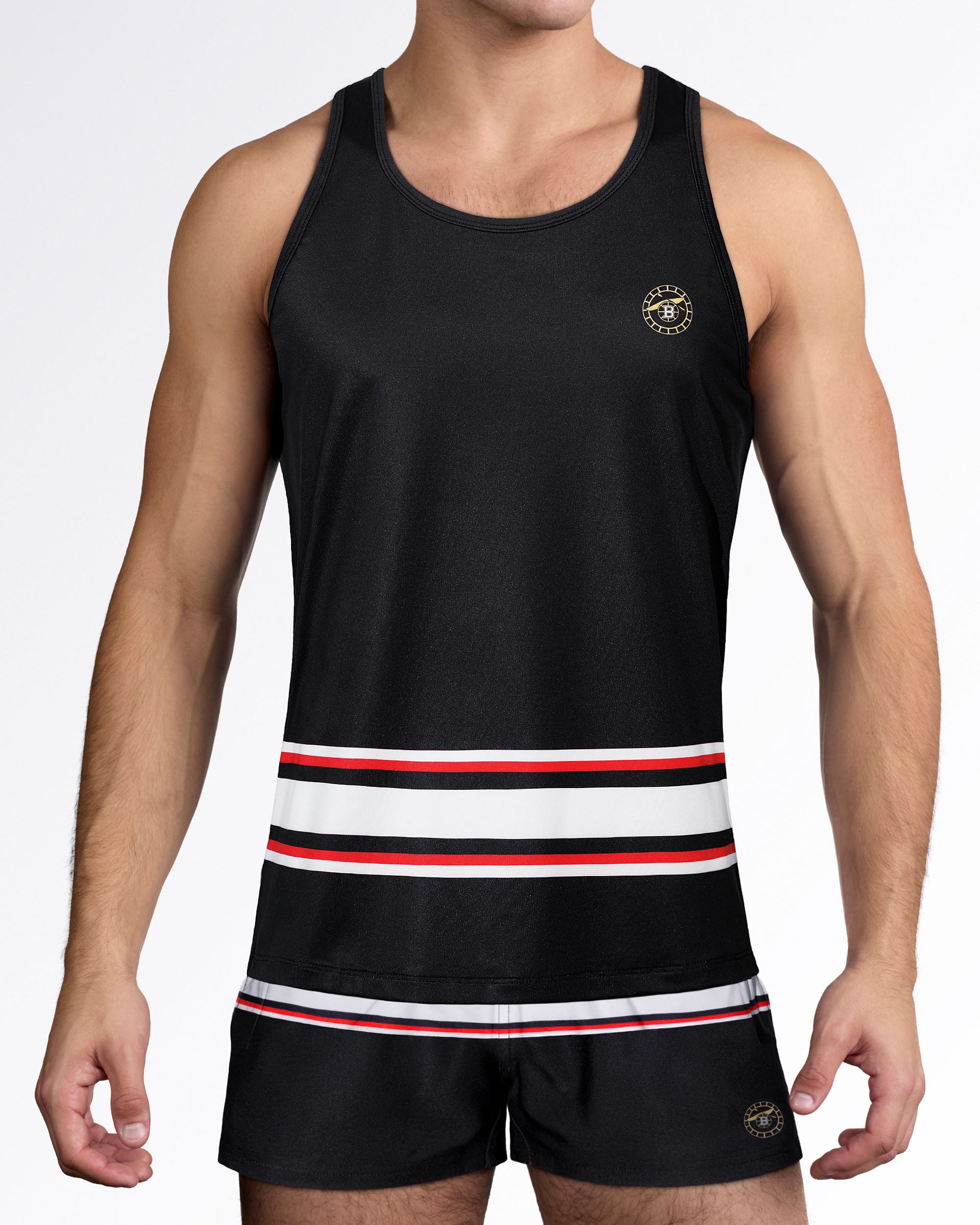 BANG Miami Ilya Gym Tank Top from the Heated Rivalry series featuring a black colorway, hockey-inspired stripe detailing, and athletic performance styling.