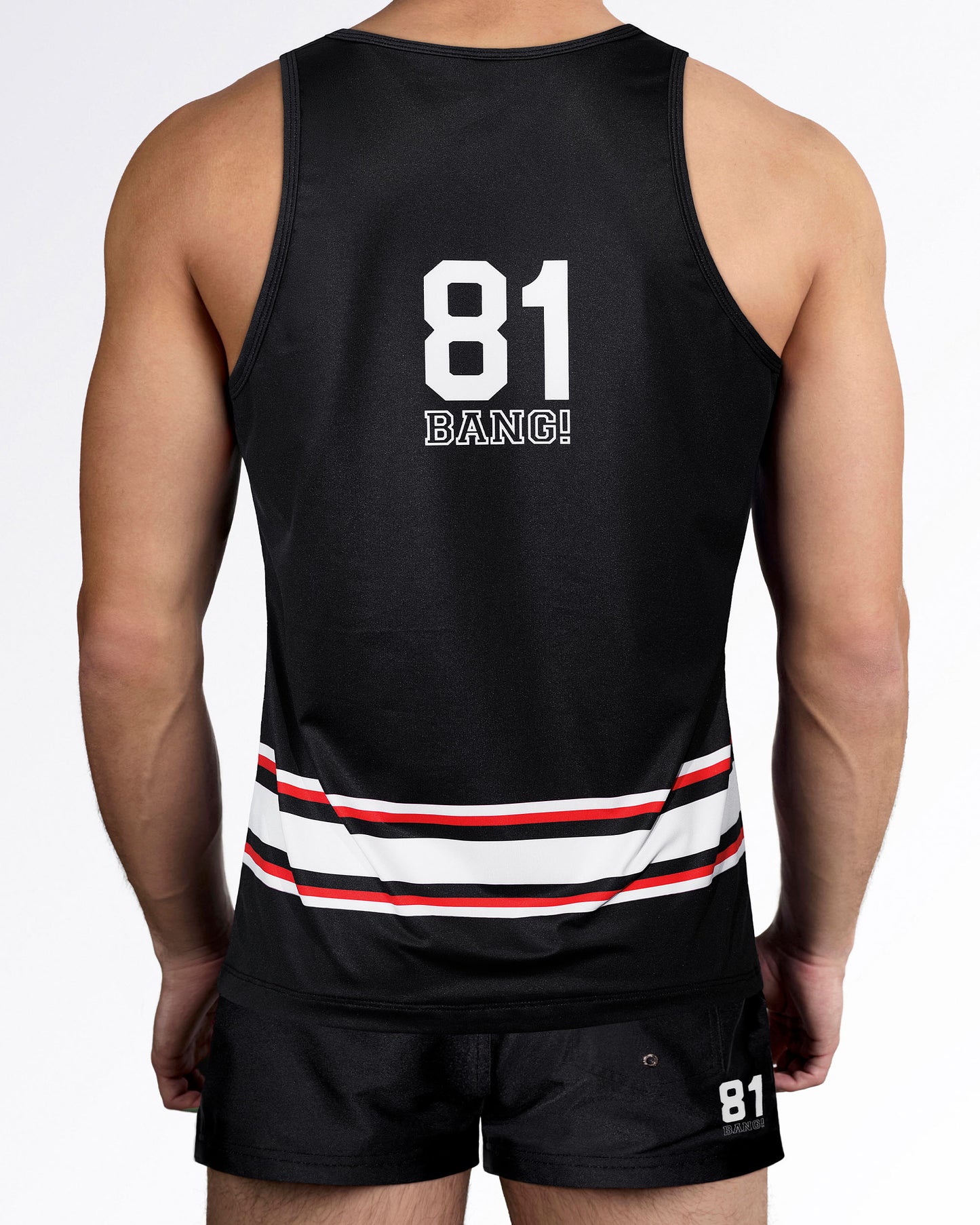 Men's black performance tank top inspired by classic hockey uniforms, featuring white and red stripe accents, contrast trim, and player number graphic on the back.