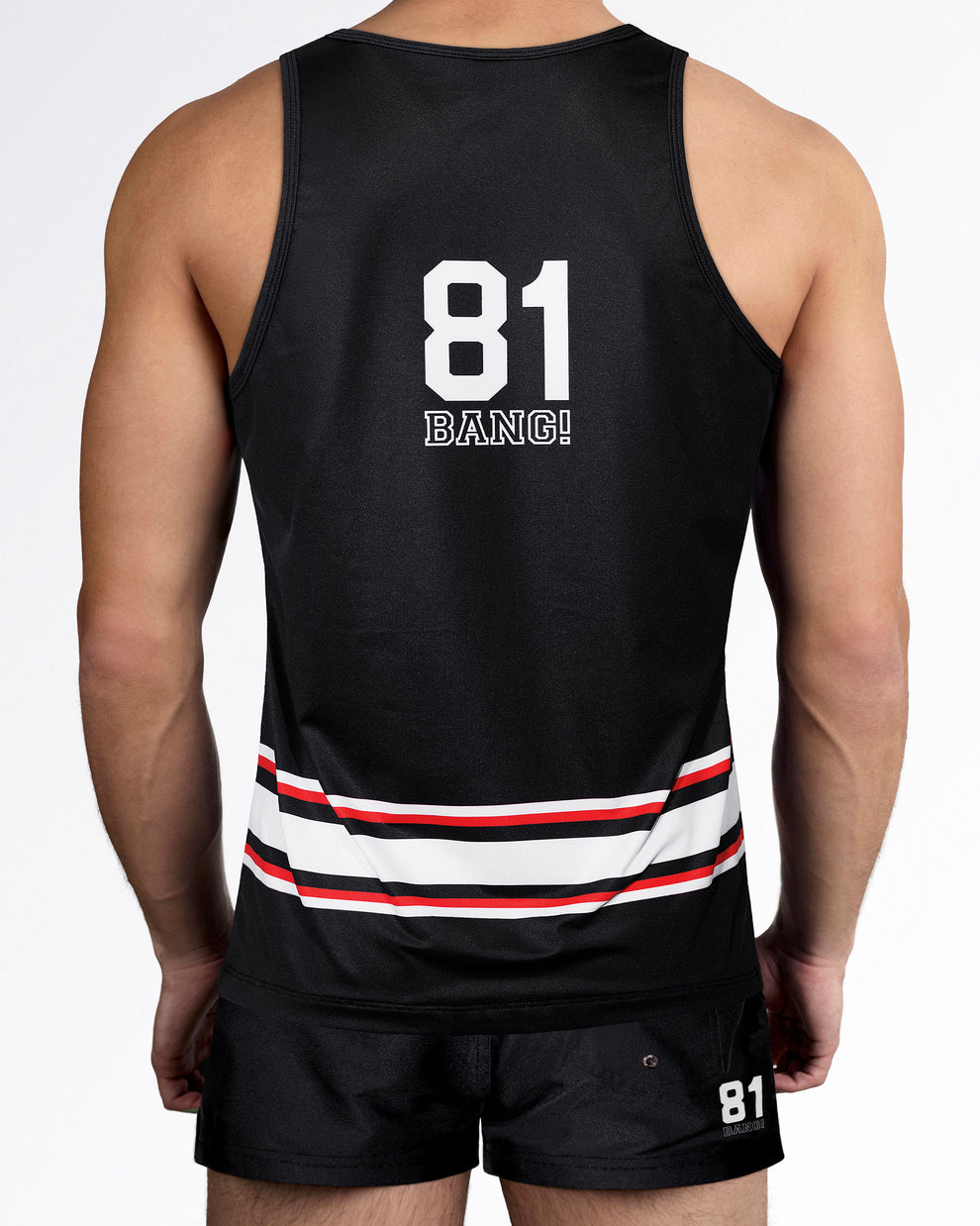 Men's black performance tank top inspired by classic hockey uniforms, featuring white and red stripe accents, contrast trim, and player number graphic on the back.