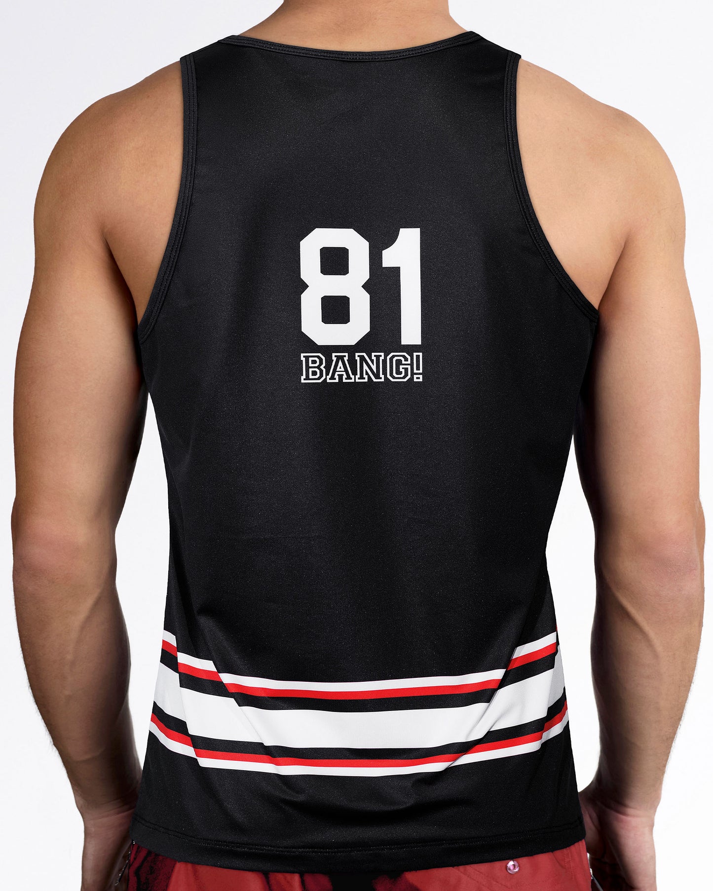 Back view of the Ilya Gym Tank Top featuring a bold player number graphic, hockey-inspired stripe detailing, and sporty athletic styling.