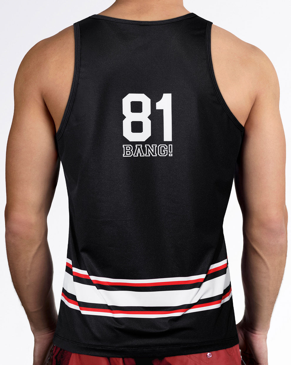 Back view of the Ilya Gym Tank Top featuring a bold player number graphic, hockey-inspired stripe detailing, and sporty athletic styling.