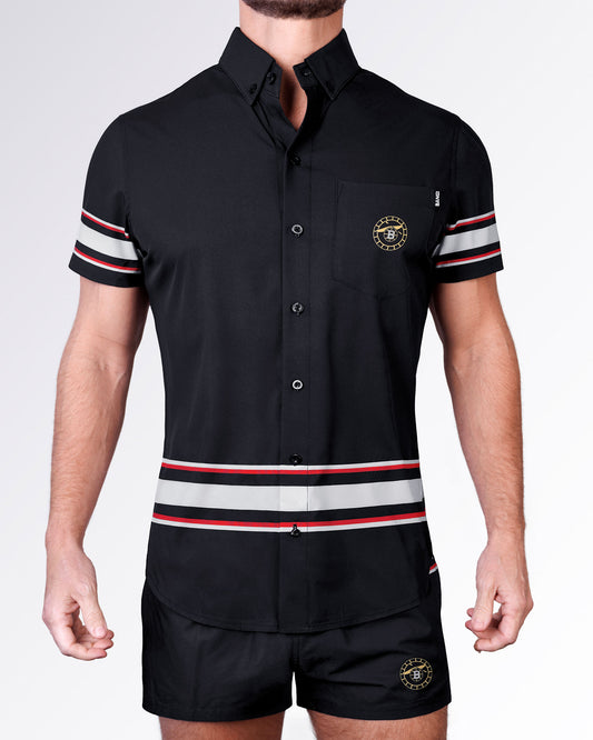 BANG Miami Ilya Stretch Shirt from the Heated Rivalry series featuring a black colorway, hockey-inspired stripe detailing, and performance stretch fabric.