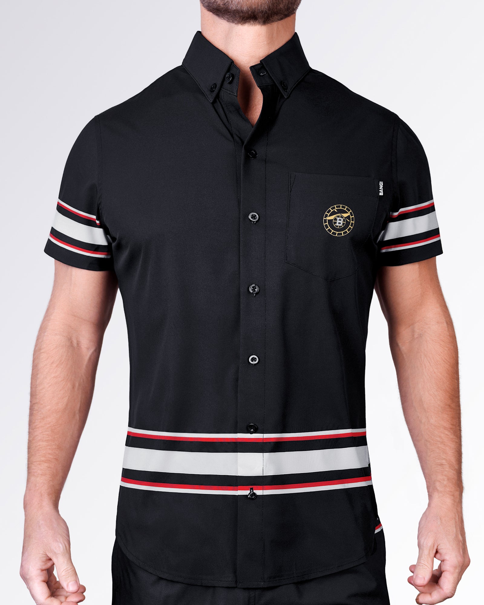 BANG Miami Ilya Stretch Shirt from the Heated Rivalry series featuring a black colorway, hockey-inspired stripe detailing, and performance stretch fabric.