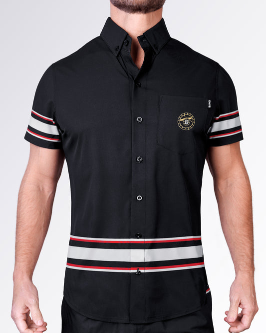 BANG Miami Ilya Stretch Shirt from the Heated Rivalry series featuring a black colorway, hockey-inspired stripe detailing, and performance stretch fabric.