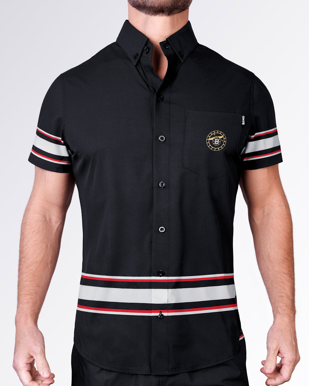 BANG Miami Ilya Stretch Shirt from the Heated Rivalry series featuring a black colorway, hockey-inspired stripe detailing, and performance stretch fabric.