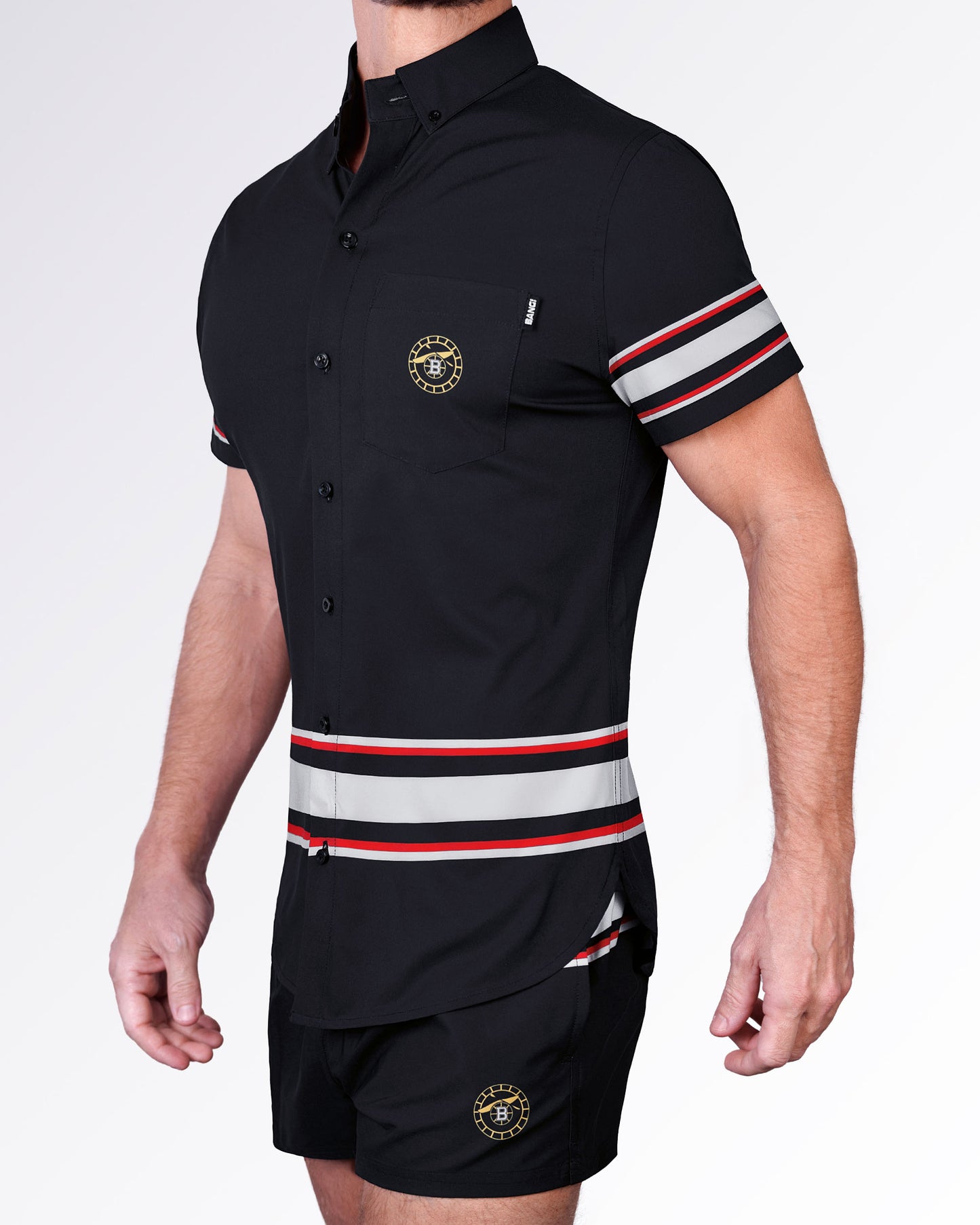 Side view of the Ilya Stretch Shirt showcasing athletic stripe accents, tailored short-sleeve construction, and lightweight stretch comfort.
