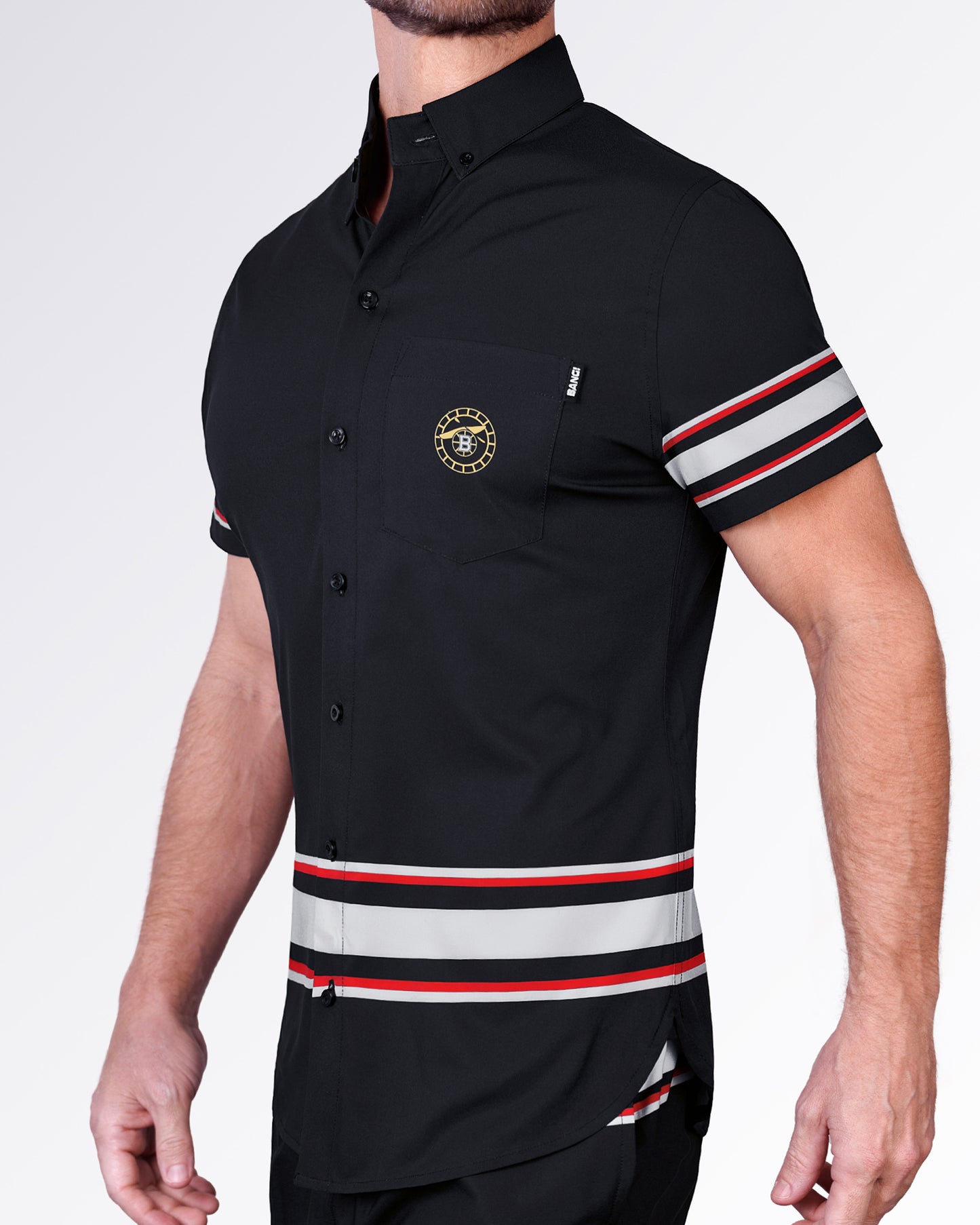 Side view of the Ilya Stretch Shirt showcasing athletic stripe accents, tailored short-sleeve construction, and lightweight stretch comfort.