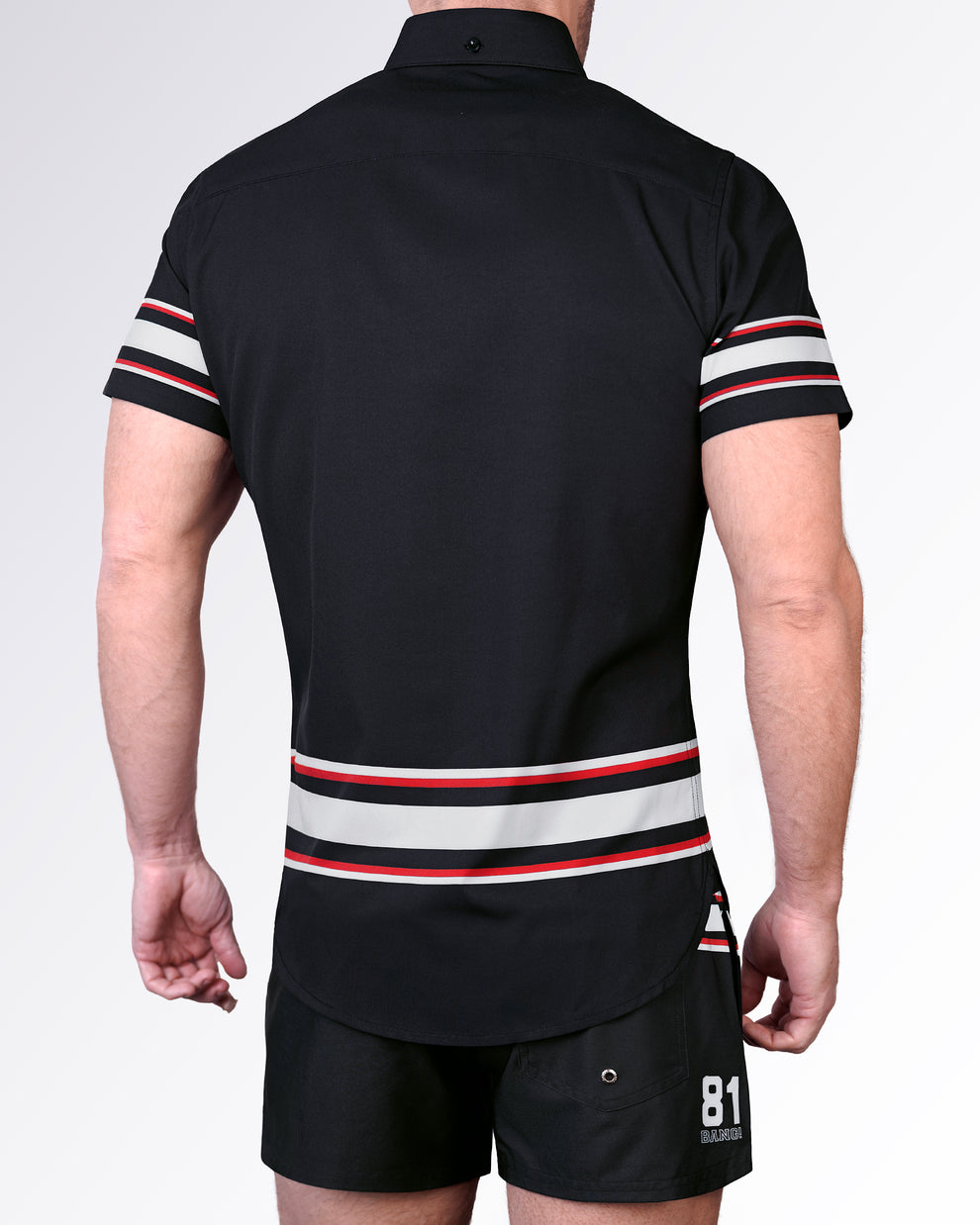 Back view of the Ilya Stretch Shirt featuring hockey-inspired stripe detailing, a streamlined silhouette, and sporty heritage styling.
