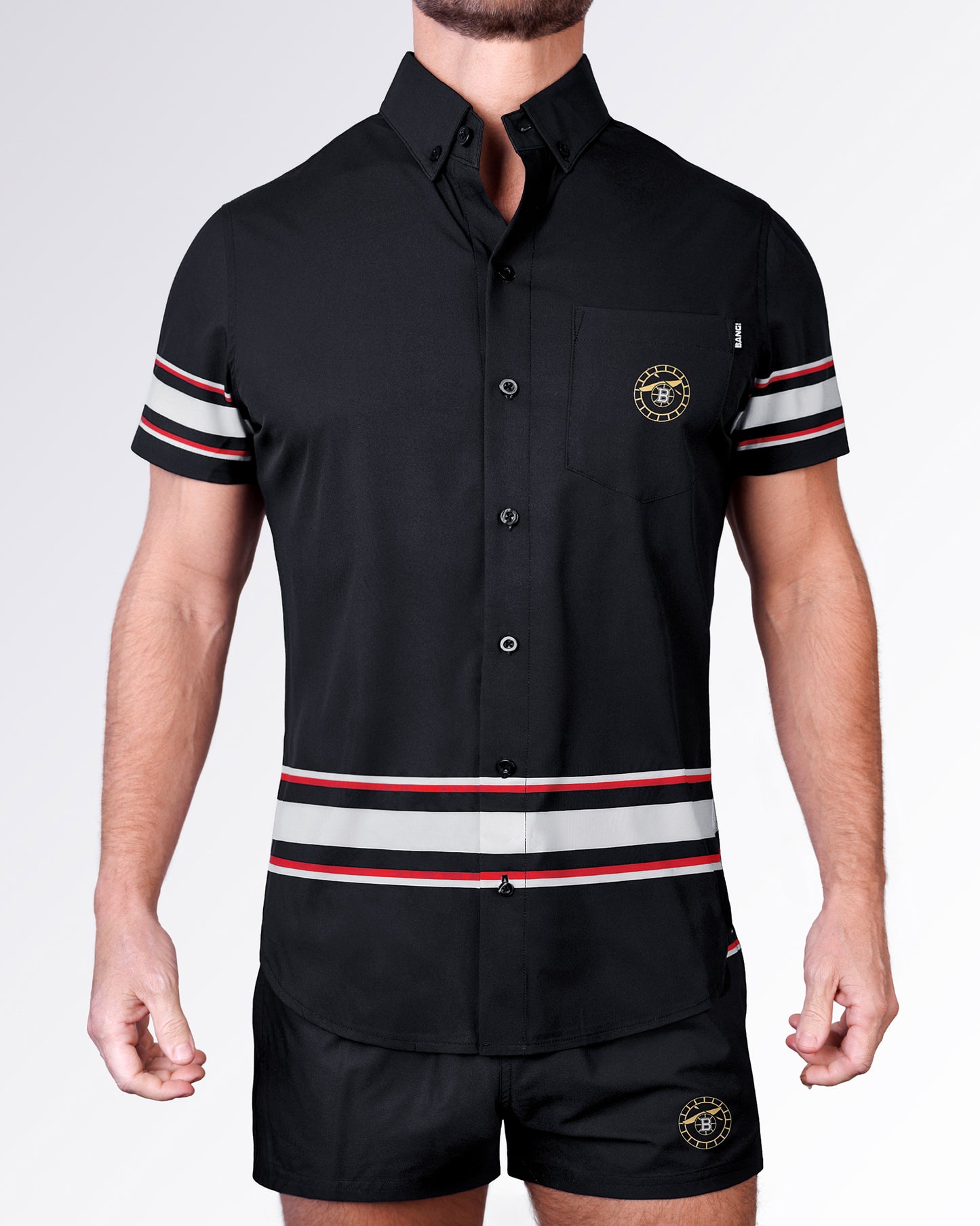 BANG Miami Ilya Stretch Shirt from the Heated Rivalry series featuring a black colorway, hockey-inspired stripe detailing, and performance stretch fabric.