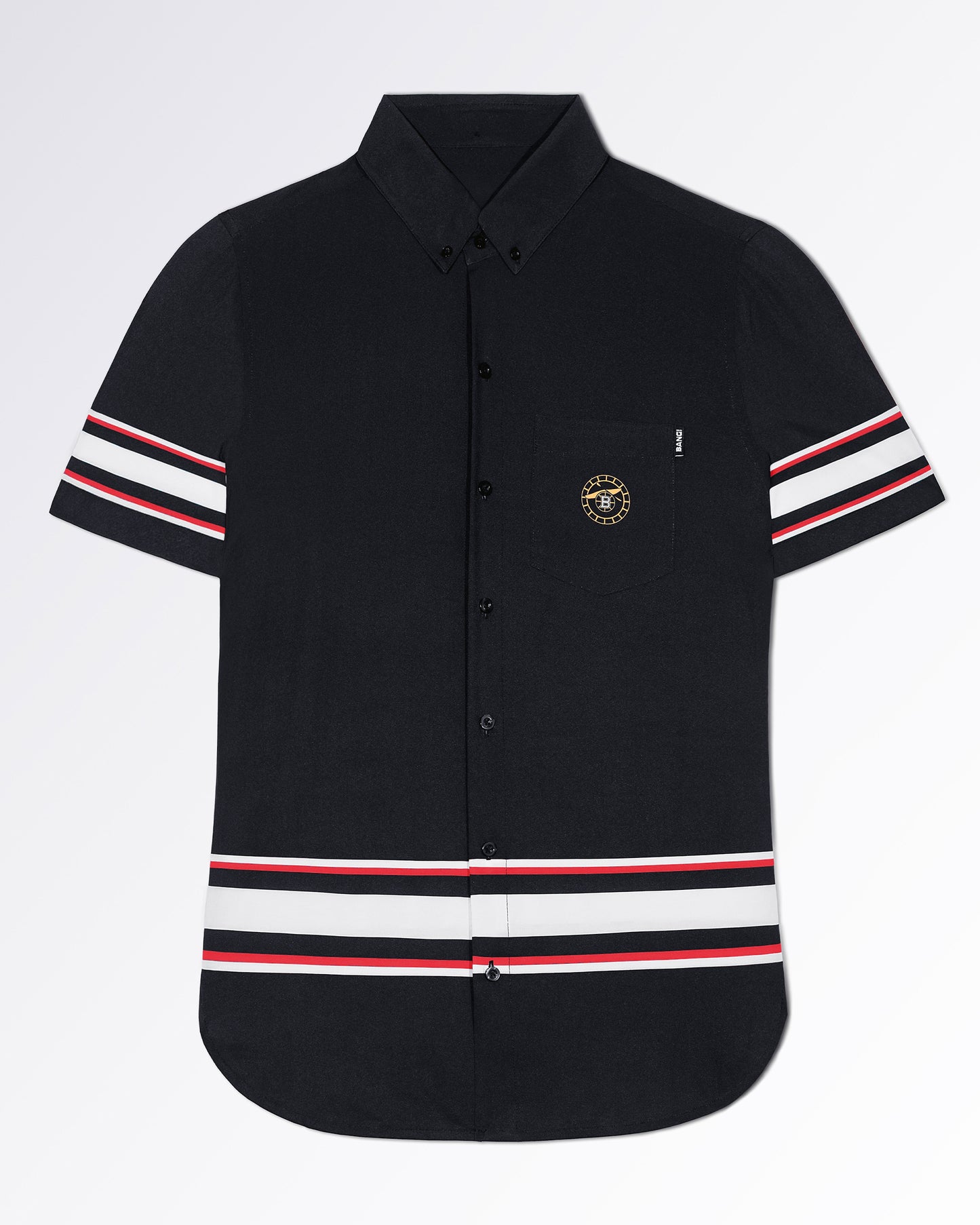 The Ilya Stretch Shirt in black featuring signature red, white, and black stripe accents on the sleeves and hem, a button-down collar, chest pocket, and four-way stretch fabric for a polished resort look.
