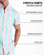 An infographic explaining the features of the men’s sleeveless Hawaiian Stretch Shirt. The shirt offers superior comfort, a fitted cut, tapered silhouette, cuffed sleeves, and a button-down collar.