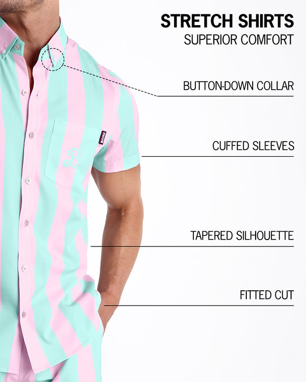 An infographic explaining the features of the men’s sleeveless Hawaiian Stretch Shirt. The shirt offers superior comfort, a fitted cut, tapered silhouette, cuffed sleeves, and a button-down collar.