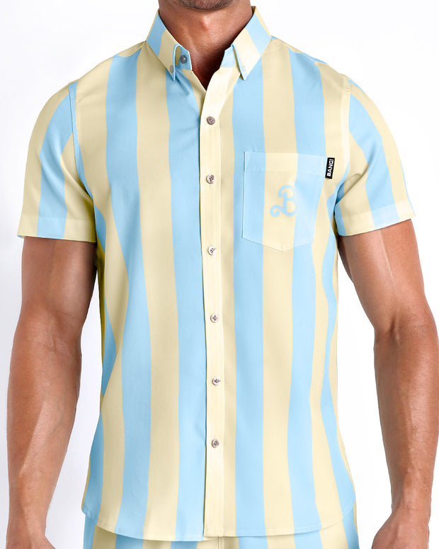 Front view of the THE KEN (MIAMI EDITON) men’s sleeveless stretch shirt with a pastel blue and yellow stripes by the Bang! brand of men&