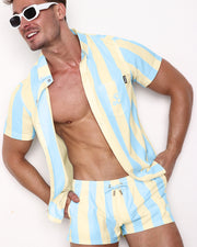 The KEN (Miami Edition) Beach short-sleeve Shirt with yellow and a light blue colored stripes by Bang Clothing, insipred on the style as seen worn by Ryan Gosling as Ken, in the Barbie movie.