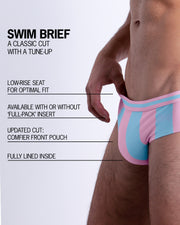 Infographic explaining the classic cut with a tune-up THE KEN (IBIZA EDITION) Swim Brief by BANG! Clothes. These men swimsuit is low-rise seat for optimal fit, available with or without 'Full-Pack' insert, comfier front pouch, and fully lined inside.