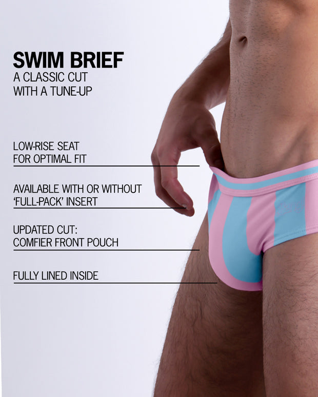 Infographic explaining the classic cut with a tune-up THE KEN (IBIZA EDITION) Swim Brief by BANG! Clothes. These men swimsuit is low-rise seat for optimal fit, available with or without &