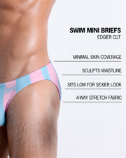 Infographic explaining the features of the THE KEN (IBIZA EDITION) Swim Mini Brief made by BANG! Clothes. These edgier cut mens swimsuit are minimal skin coverage, sculpts waistline, sits low for sexier look, and 4-way stretch fabric.