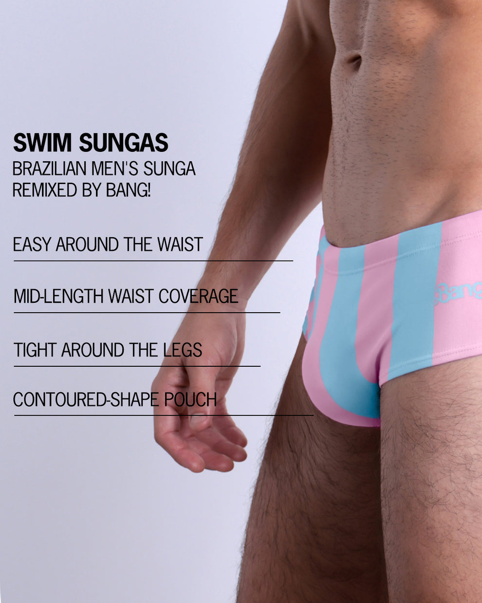 Infographic explaining the Brazilian Men's Swim Sunga remixed by BANG! These Swim Sunga are easy around the waist, are mid-length waist coverage, are tight aroung the legs, and have contoured-shape pouch.