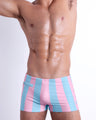 Front view of the THE KEN (IBIZA EDITION) Swim Trunks, men’s swimming bottoms  – Ibiza, Spain-inspired pastels with light pink and blue stripes. These swimming trunks are designed by BANG! Clothes in Miami.