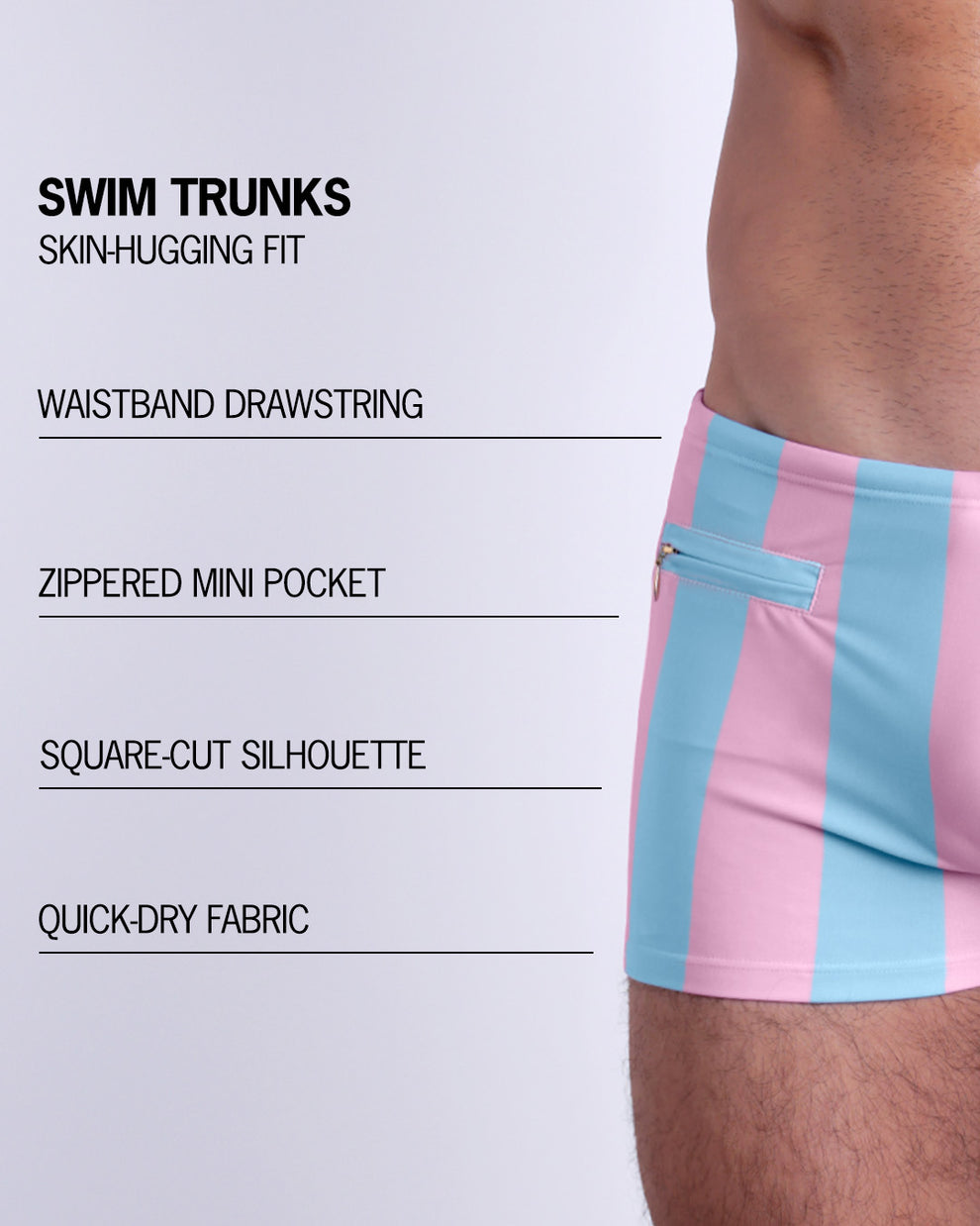 Infographic explaining the Swim Trunks swimming shorts by BANG! These Swim Trunks have a skin-hugging fit, have separate waistband construction, zippered mini pocket, square-cut form-fitting silhouette and quick-dry fabric.