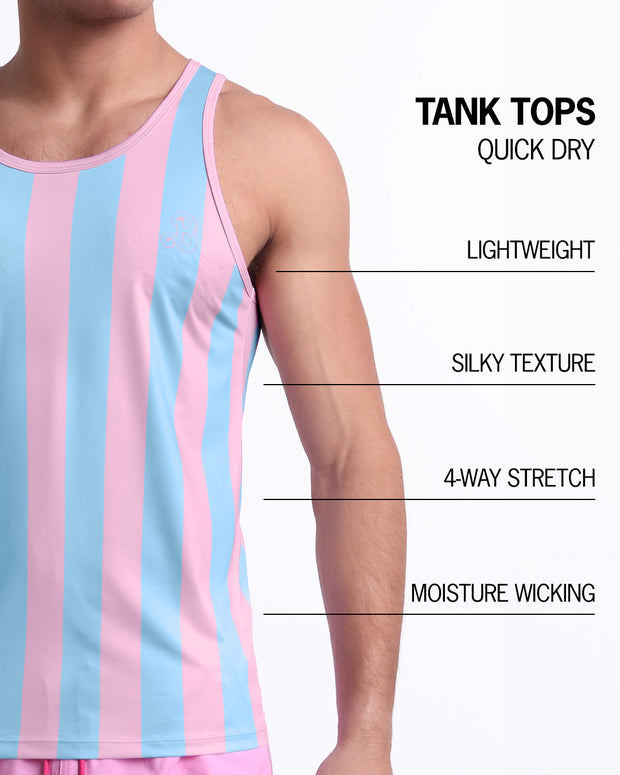 Infographic explaining how lightweight, silky texture, 4-way stretch, moistute wicking material of the BANG! clothes fitness tank top.